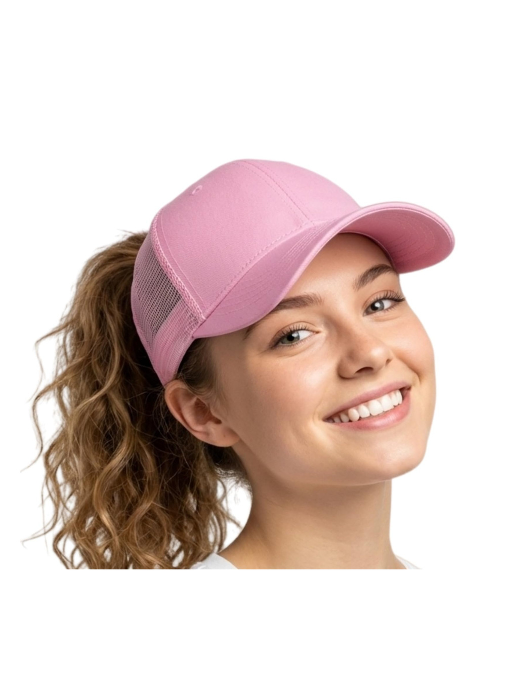 Womens High Ponytail Messy Bun Baseball Caps Distressed | Pink Mesh | Size OS